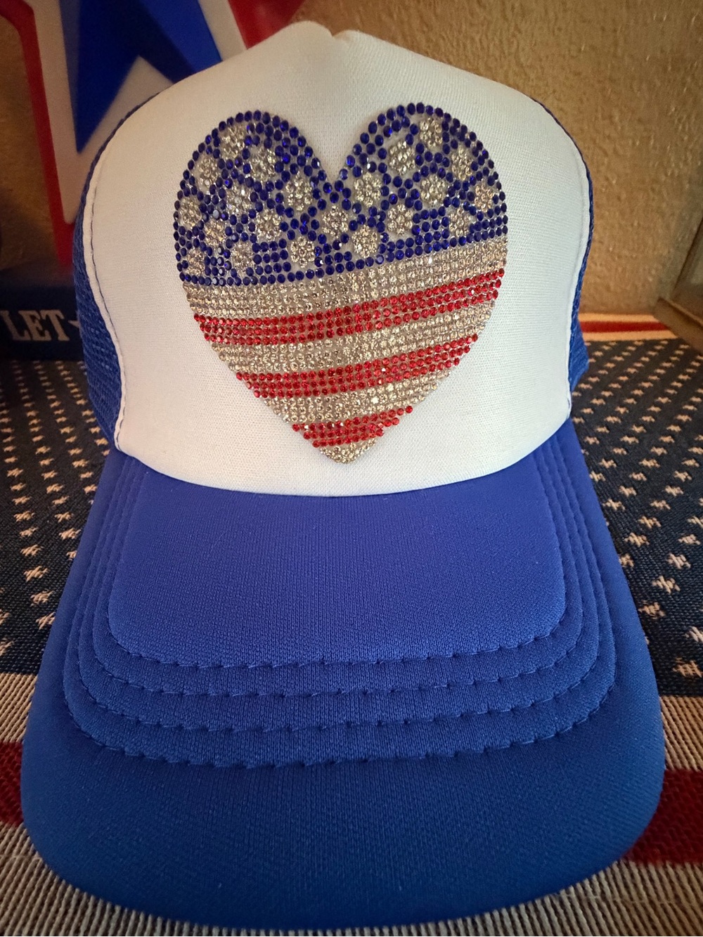 Rhinestone American Flag Heart Trucker Hat - Blue & White